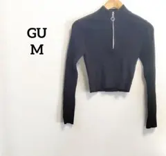 ジーユー　カットソー　クロップド丈　ハーフジップ　ハイネック　リブニット　黒M