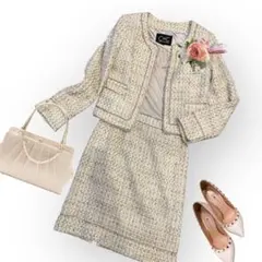 日本製　クードシャンス　セレモニースーツ　ラメ　ツィード　ワンピース　アイボリー