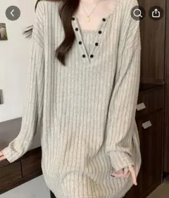 リブ編みVネック長袖トップス 2XL