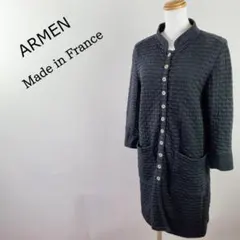 フランス製アーメンARMEN七分袖ロング丈ボーダーキルティングジャケットM相当のサムネイル