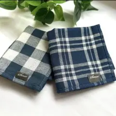 新品　メンズタオルハンカチ ２枚セット　ネイビー チェック ブルー系