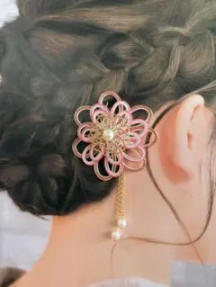 水引のかんざし　和装　髪飾り　花　ピンク（ラメ）×ゴールド　【ハンドメイド】