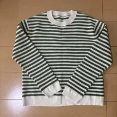 無印良品　洗えるワッフル編みクルーネックセーター　グリーンボーダー　Sサイズ