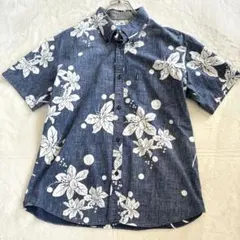 MAJUN シャツ LL ハイビスカス ネイビー 総柄 半袖 春夏