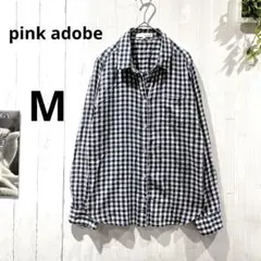 【ピンクアドベ】麻混 ギンガムチェック 長袖シャツ M 紺白 薄手のサムネイル