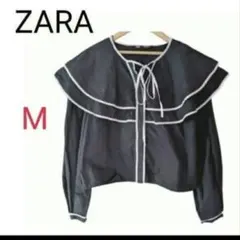 即完売品 ZARA ビッグフリルカラー ブラウス M 黒 ブラック コットン