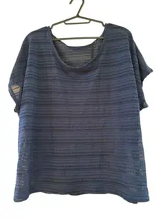 ネイビー 半袖ニットトップス ストライプ模様