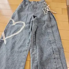 しまむら　ハートプリント デニムパンツ レースアップ　140
