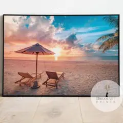 おしゃれポスター ビーチリゾート夕焼け ヤシ風 照明差し色 映え 余白 存在感