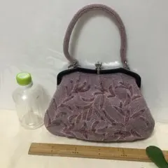 未使用　総ビーズ刺繍　和装ハンドバッグ　薄紫　着物お召紬小紋　昭和レトロ