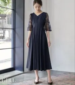 (タグ付き)パーティドレス 袖あり ロング丈 2L ネイビー