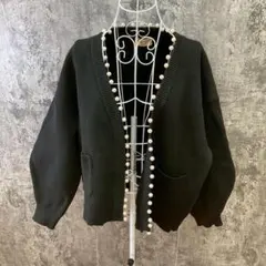 ナノユニバース【XL相当】長袖カーディガンニットカットソー 襟元ビジュー