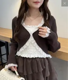 ナイスクラップ　レース切り替えリブボレロカーデ　ブラウン