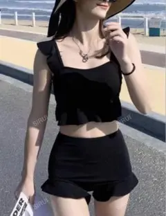 シーイン　SHEIN ブラック　黒 フリル付きセパレート水着 Lのサムネイル