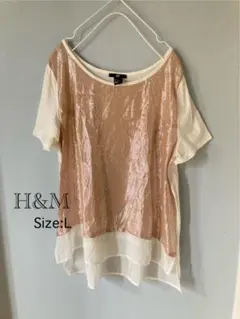 H&M 透け感 異素材 ピンク ホワイト 半袖トップス　Lサイズ