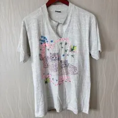 レトロ古着✨【L】猫 プリント Tシャツ グレー ヴィンテージ風 ファンシー