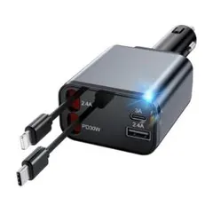 車 充電器 4in1 超コンパクト設計 シガーソケットUSB-C充電ケーブル