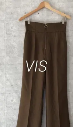 VIS ビス ハイウエストファスナーフレアパンツ ブラウン ウエスト後ゴム仕様