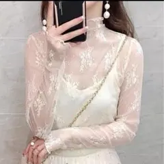 ホワイト　シアートップス　シースルー レース　花柄 重ね着 オールシーズン