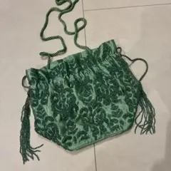 Swaraj ビーズ刺繍 緑色 サテン ショルダーバッグ 巾着バッグのサムネイル