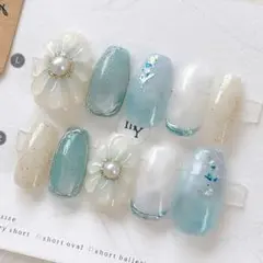 ニュアンス　ぷっくりフラワー　冬ネイル　マグネットネイル　ブライダル　天然石