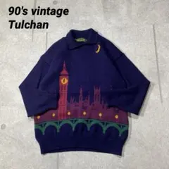 90sヴィンテージ Tulchan 100%ウールセーター　アート　夜　月　教会