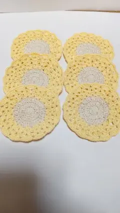 a ハンドメイド コースター 6枚セット 黄色×オフ白 インテリア