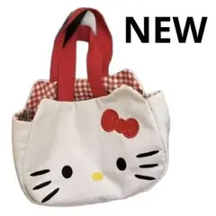 ハローキティ トートバッグ キャンパストート　新品　ネコバッグ　赤チェック