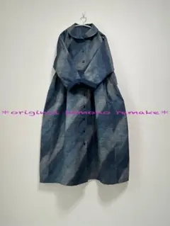 ブルー系紬＊重ね襟前開きギャザー切り替えワンピース＊着物リメイク＊羽織