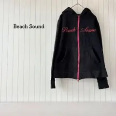 ビーチサウンド フーディー パーカー スウェット フルジップ ロゴ 黒 ピンク