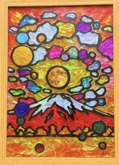 満月と秋の富士ステンドグラスガラス絵の具金運開運手書きイラスト沖縄犬猫龍アート