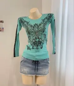 Y2K ラメ 英字プリント ロゴT ロンT グランジ 平成ギャル GAL