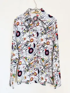 ビンテージ 総柄シャツ パフスリーブ 白黒 アート M ドルマン ダブル 