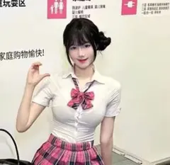 韓国スタイル女子高生プリーツスカートチェック柄ピンク