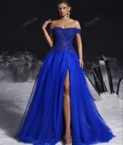 @オフショルダー 青 パーティードレス カラードレス