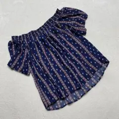 ⭐️イング⭐️ネイティブストライプオフショルトップス ブラウス ブルー 肩出し