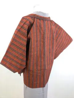 【美品】洗える羽織 綿混 ストライプ 縦縞 着物 身丈78 裄65 レンガ色