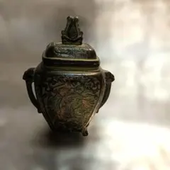 高岡銅器 渋谷鳳州作 青銅製 饕餮文 四角花瓶 鋳銅 花器 骨董品