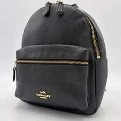 【極美品】コーチ リュック シボ革 ブラック レザー ロゴ金具 チャーム付き 黒