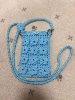 水色 かぎ針編み スマホショルダーバッグ