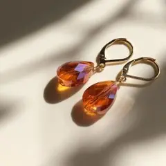 087 一粒ビジュー　しずく　ミニ　クリアオレンジ　ピアス(※送料込み)