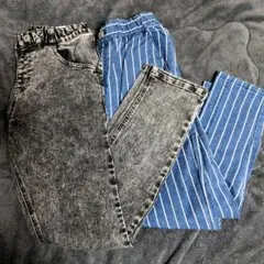 美品　MPS黒ストレッチパンツ、ストライプストレッチパンツ2点セット