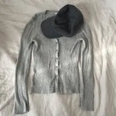 【GUセット】グレー リブ編みカーディガン キャップセット 春服