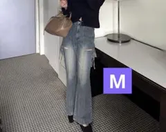 しまむら アベイルLuluAmourサイドリボン カットアウト デニムパンツ M