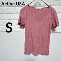 Active USA 【S】半袖Tシャツ　ピンク Vネック　リブ編み　シンプル