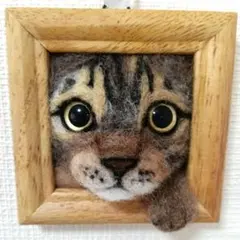 羊毛フェルト猫 ひょっこりキジ猫さん 木製フレーム