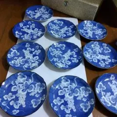 昭和レトロ　青と白の花柄皿 10枚セット 昭峰