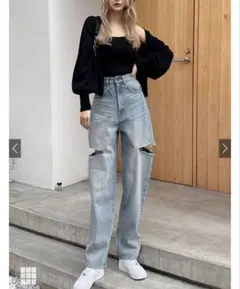 GRL スリットデニムワイドパンツ ブルー XS