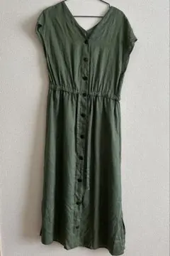SHIPS フレンチスリーブリネンロングワンピース　オリーブグリーン