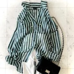 美品 セオリー Theory シルク100% ストライプ柄 シャツ グリーン系